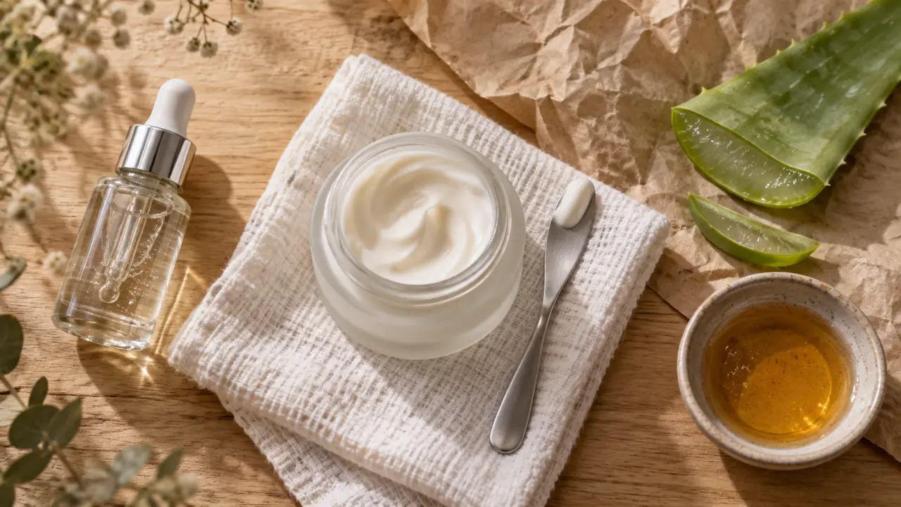 Pot de crème blanche sur une serviette en lin, flacon compte-gouttes en verre et aloe vera