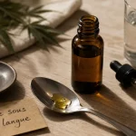 Comment consommer huile CBD sous la langue avec pipette, gouttes et dose progressive.
