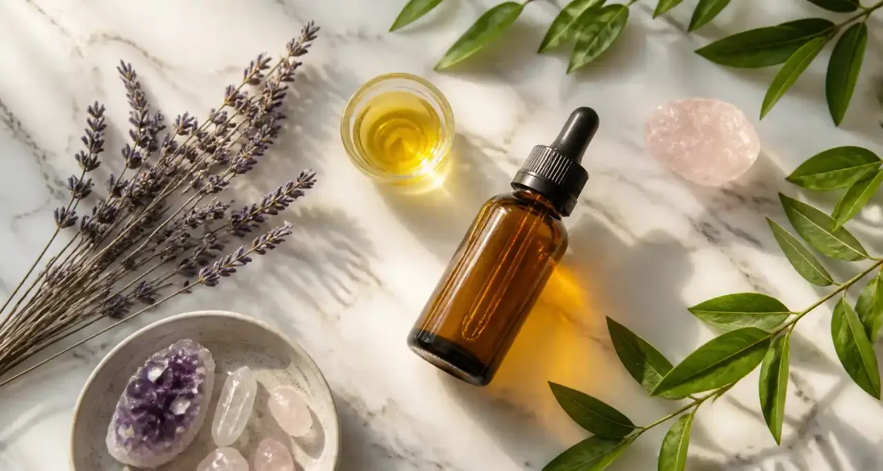Cosmétiques bio au CBD, huile et fleurs de lavande posés sur du marbre