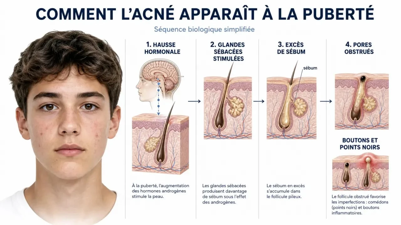 Soin visage ado : schéma des hormones, du sébum et des boutons sur peau adolescente