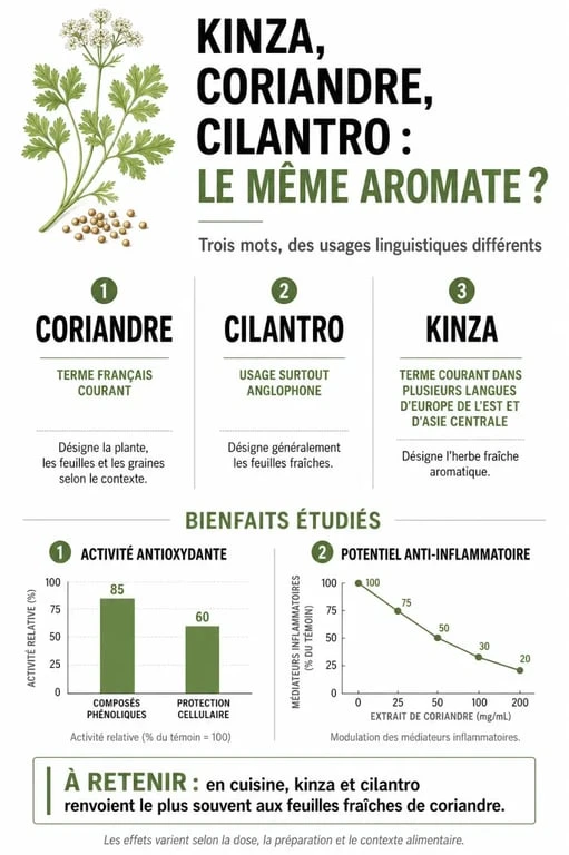 Infographie explicative sur le kinza herb : différences entre coriandre, cilantro et kinza et bienfaits santé.