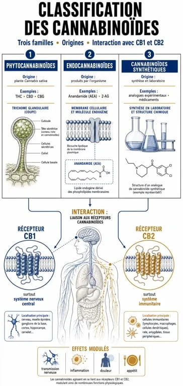 Infographie sur la classification et le fonctionnement des cannabinoïdes dans le corps humain