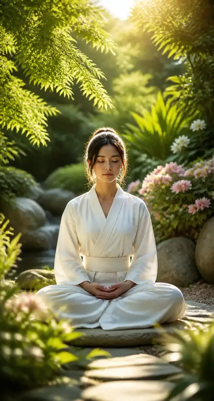 Femme en méditation dans un jardin zen entouré de plantes