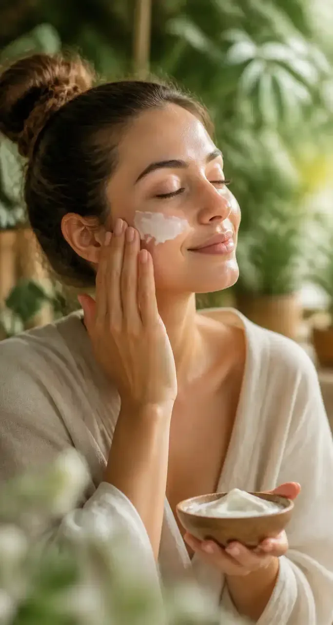 Femme réalisant une routine de soin du visage naturelle