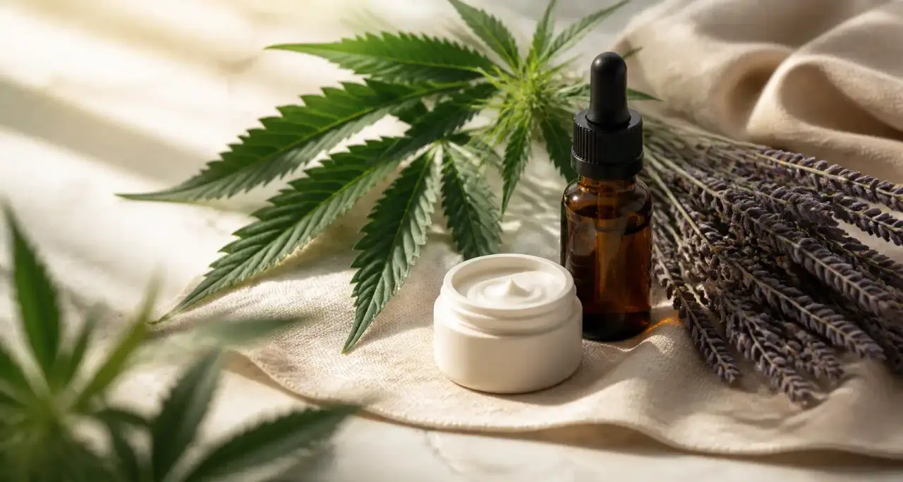 Nature morte botanique : feuilles de chanvre, brins de lavande, flacon d'huile de CBD et pot de cosmétique naturel sur lin et marbre