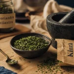kinza herb : feuilles séchées, mortier et épices sur planche
