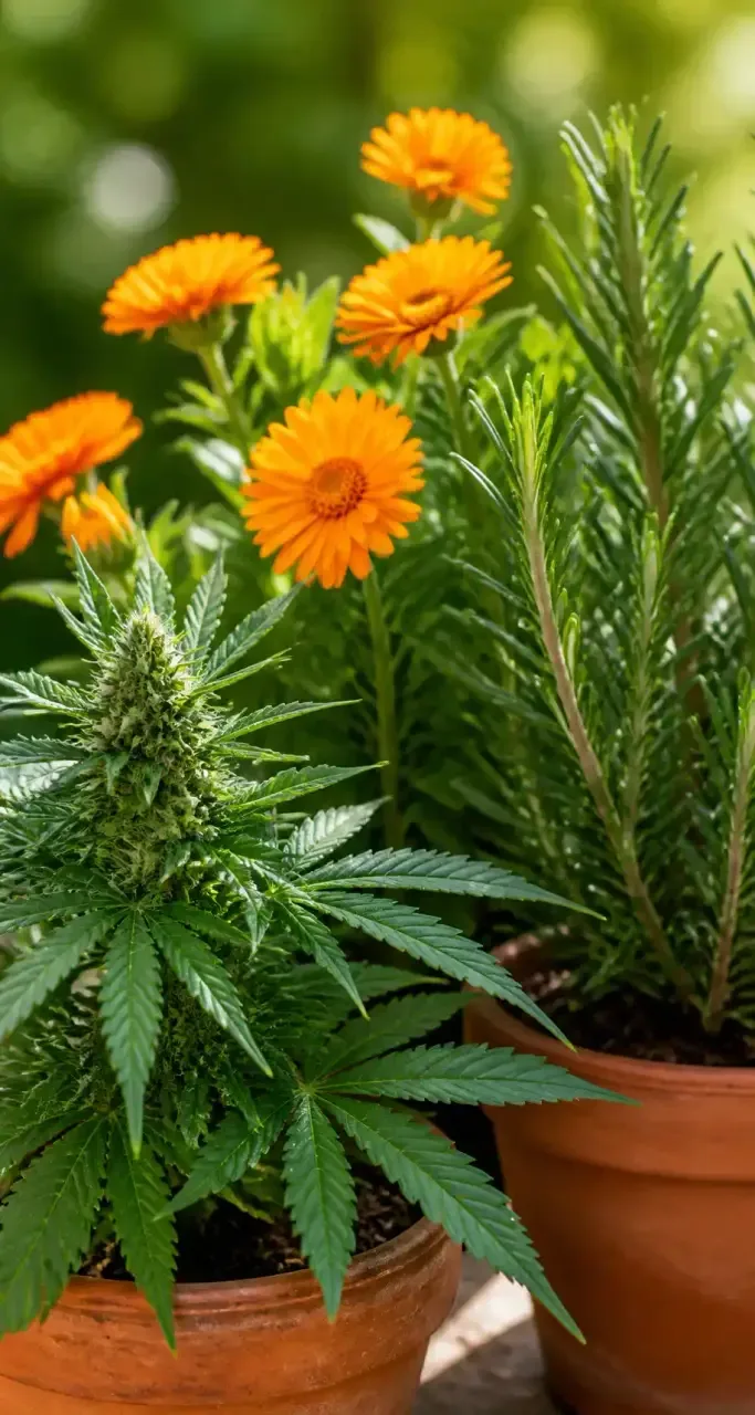 Plantes médicinales — chanvre, calendula et romarin en pots de terre