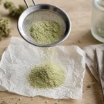 Skuff : tamis et kief vert pâle, vue macro sur table en bois