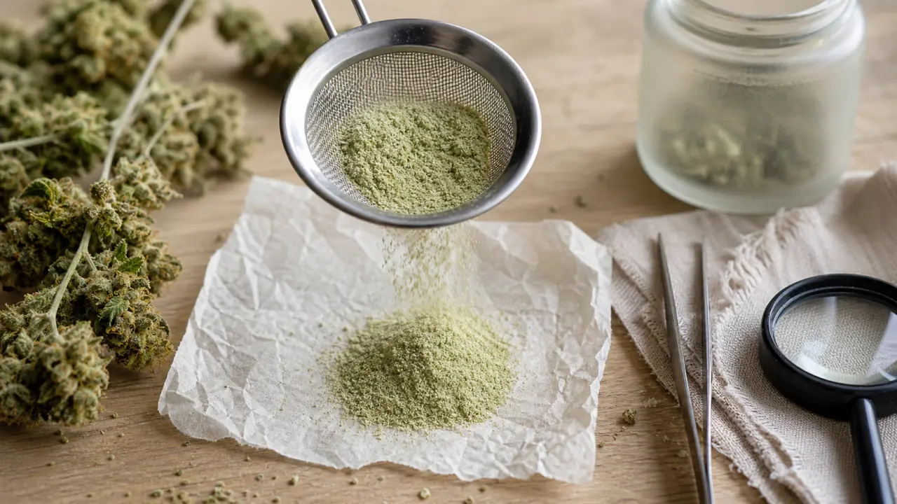 Skuff : tamis et kief vert pâle, vue macro sur table en bois
