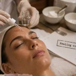 Soin peeling visage : esthéticienne applique un acide pour le bon niveau de profondeur