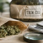 Trim CBD : sachet ouvert et fragments de fleurs CBD sur table