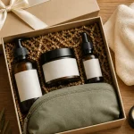 Coffret soin du corps femme en coffret ouvert, produits de soin et trousse voyage