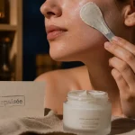 Crème apaisante visage sur peau réactive, main applique sur la joue