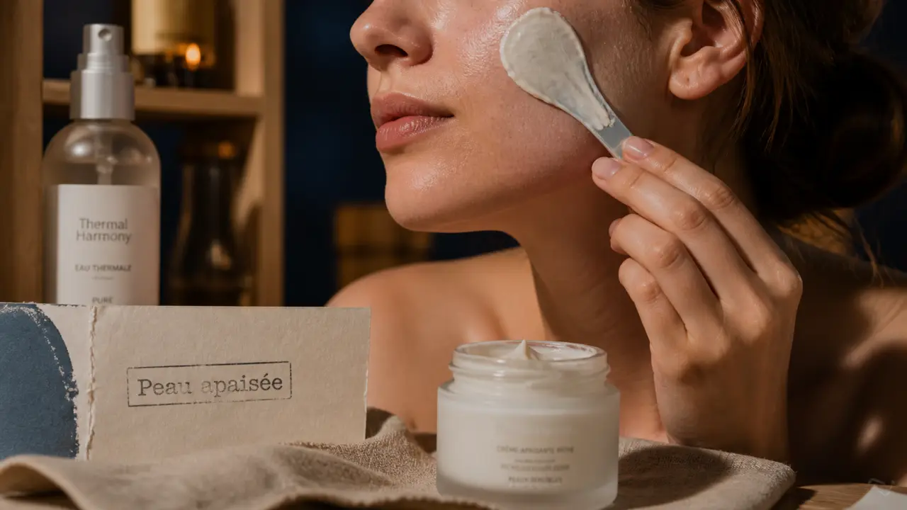 Crème apaisante visage sur peau réactive, main applique sur la joue