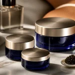 Crème caviar luxe visage : pots bleus, caviar et crème beige sur marbre