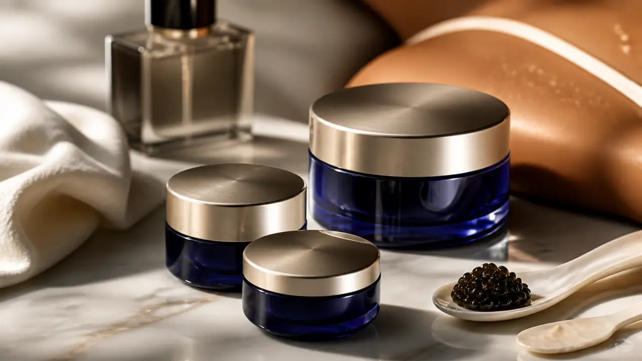 Crème caviar luxe visage : pots bleus, caviar et crème beige sur marbre