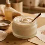 Crème exfoliante visage : pot, cuillère et AHA/BHA sur table