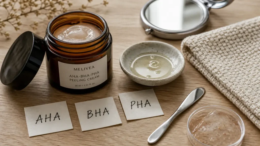 Crème peeling visage : choisir AHA, BHA ou PHA selon taches, pores et ridules