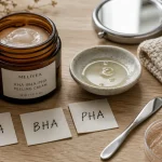 Crème peeling visage AHA BHA PHA sur table en bois