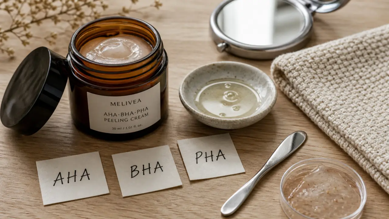 Crème peeling visage AHA BHA PHA sur table en bois