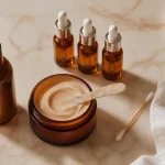 Crème visage autobronzante sans UV, texture de crème sur table marbre