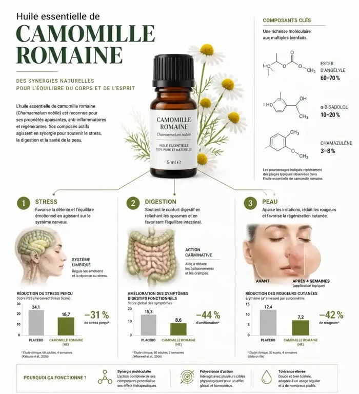 Synergies et usages pratiques de l'huile essentielle de camomille romaine