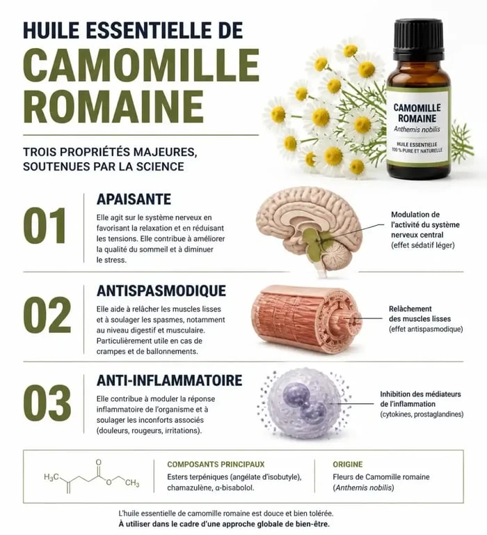 Infographie des bienfaits et propriétés de l'huile essentielle de camomille romaine
