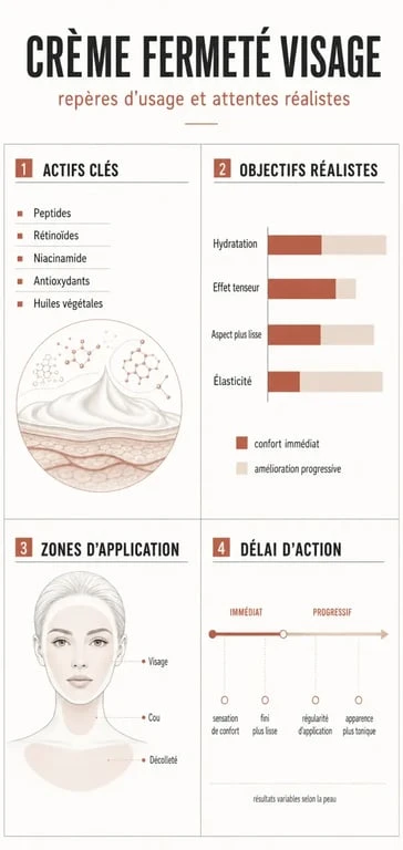 Crème fermeté visage : infographie éditoriale des actifs, des zones d’application et des résultats attendus