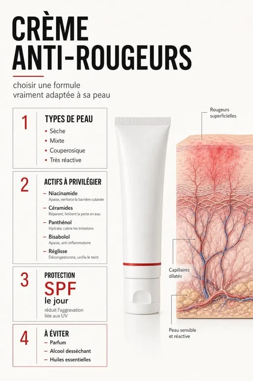 Infographie crème anti-rougeurs visage efficace : actifs, SPF et ingrédients à éviter