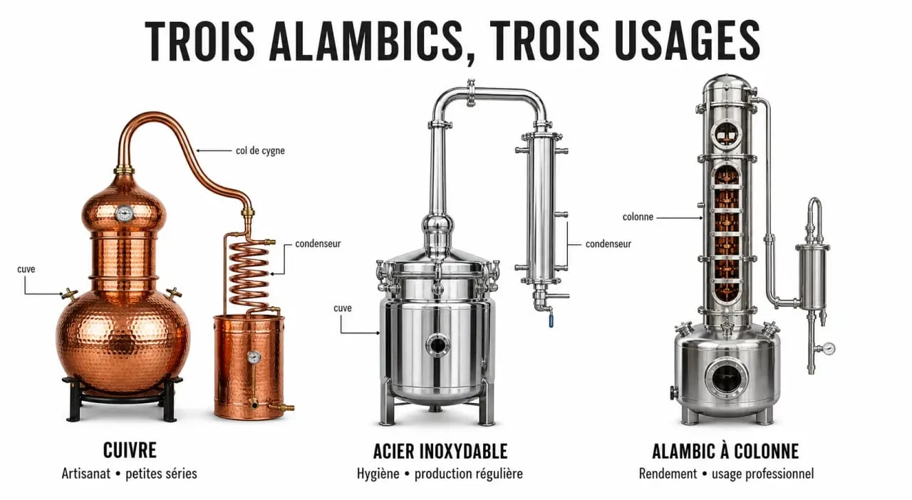 Alambic pour huiles essentielles : comparaison visuelle entre cuivre, inox et colonne