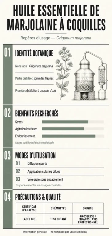 Huile essentielle marjolaine à coquilles : infographie sur usages, précautions et critères de qualité