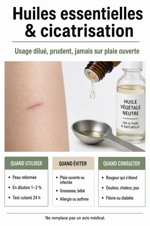 Infographie sur les huiles essentielles pour cicatrisation avec gestes sûrs et précautions