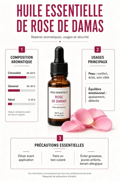 Huiles essentielles rose de damas : visuel éditorial sur composition, usages et précautions