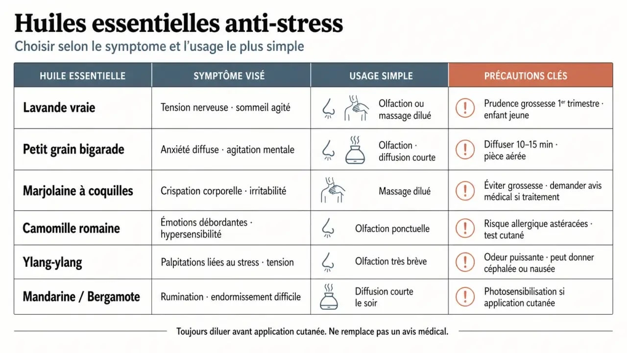 Comparatif des huiles essentielles anti stress selon le stress, l’anxiété, le sommeil et le mode d’utilisation