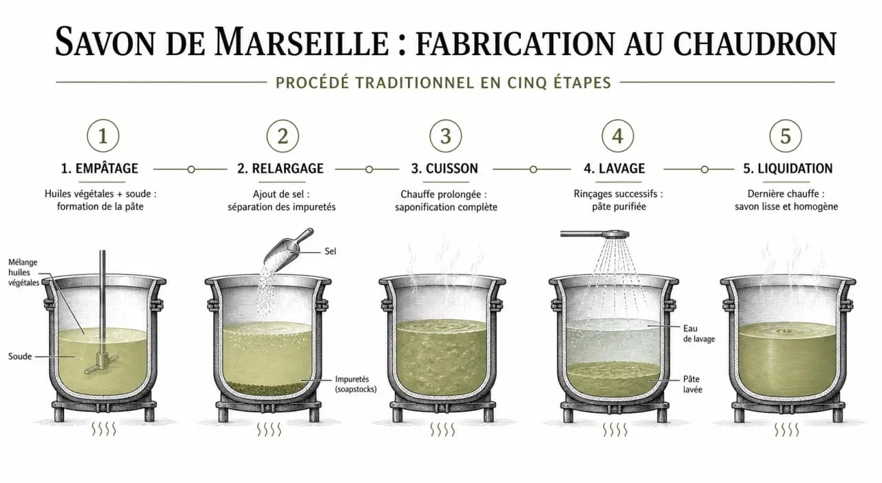 Savon de Marseille bio : illustration du procédé traditionnel de fabrication en 5 étapes
