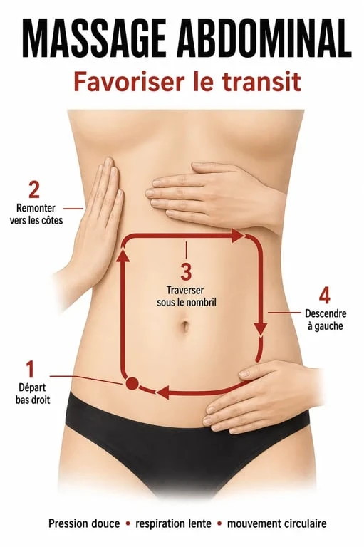 Massage abdominal pour huiles essentielles et constipation dans le sens du transit