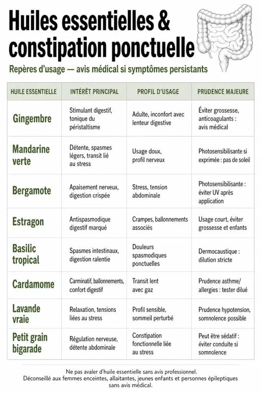 Comparatif des huiles essentielles et constipation : huiles adaptées, usages et précautions