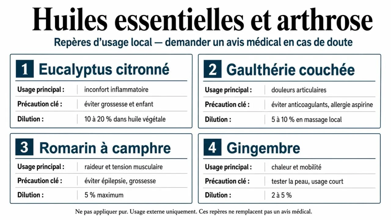 Huiles essentielles arthrose : tableau visuel des huiles utiles, usages, précautions et dilution