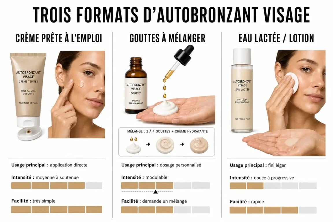 Crème visage autobronzante : comparaison des formats crème, gouttes et eau lactée