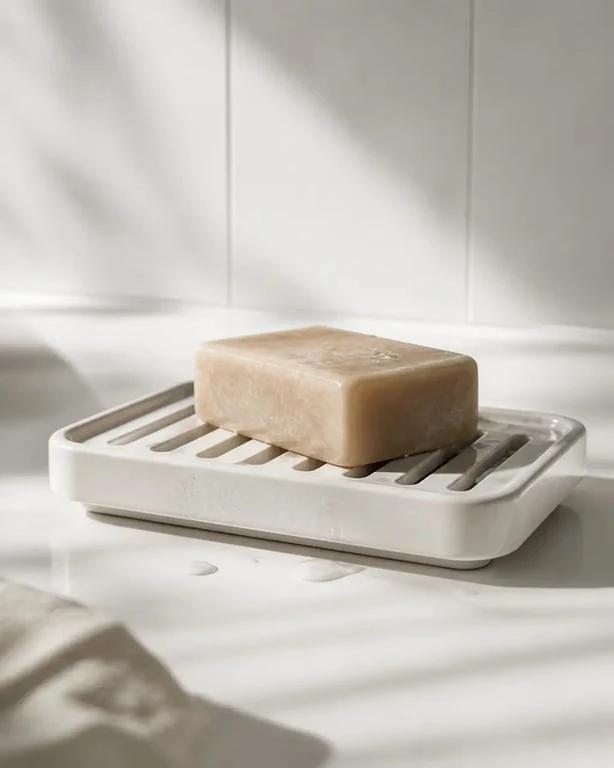 Savon solide corps bio en train de sécher sur un porte-savon ajouré dans une salle de bain sobre