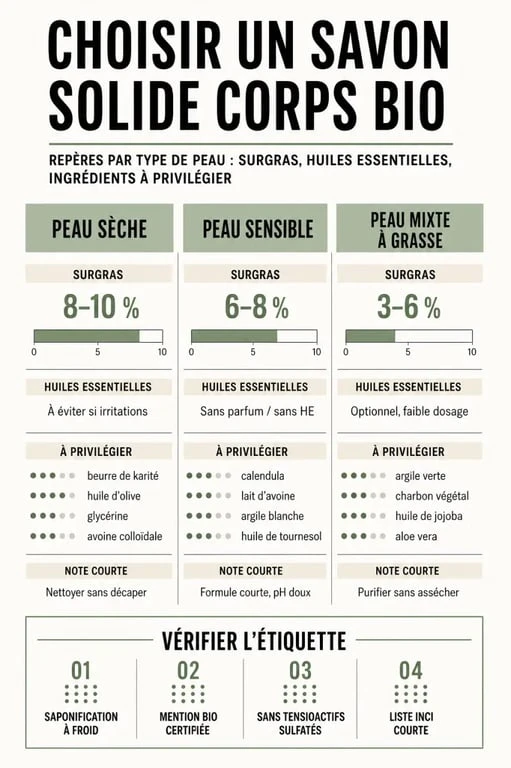 Comparatif savon solide corps bio selon le type de peau, le surgras et les huiles essentielles