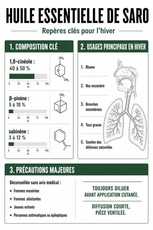 Infographie sur saro huiles essentielles : composition, usages ORL et précautions