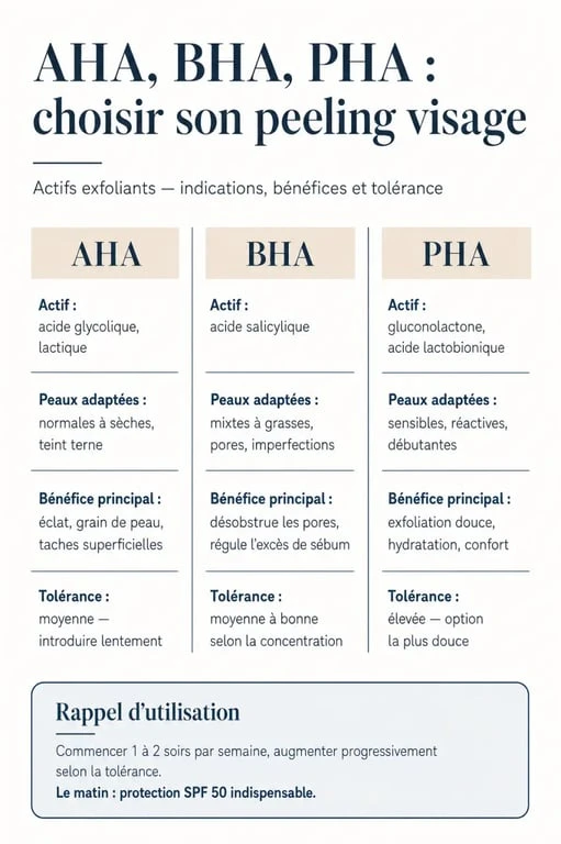 crème peeling visage : comparatif AHA, BHA et PHA selon le type de peau et l’objectif