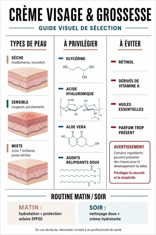 Crème visage femme enceinte : infographie sur les ingrédients à privilégier et à éviter pendant la grossesse