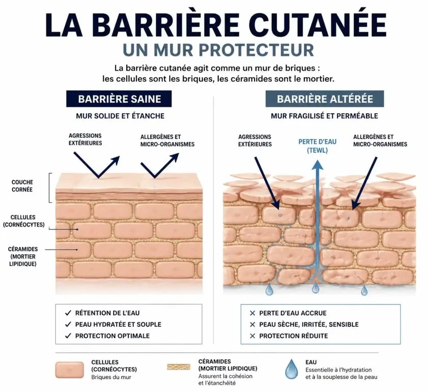 Schéma explicatif du rôle des céramides dans la barrière cutanée pour une crème visage aux céramides