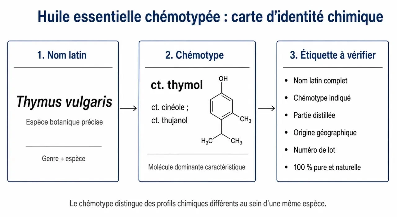 Chémotypées huiles essentielles : schéma de lecture d’étiquette et de chémotype