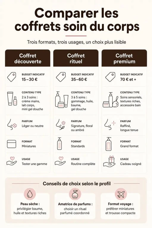 Coffret soin du corps femme : comparaison des coffrets découverte, rituel et premium par budget, contenu et usage