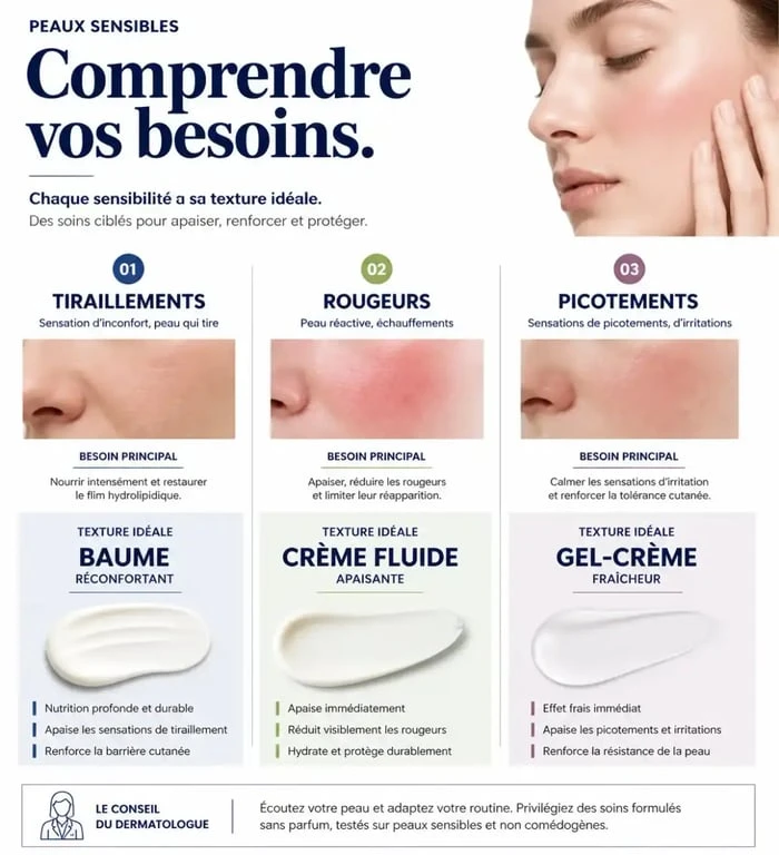 Infographie comparative des besoins des peaux sensibles et choix de crème apaisante visage