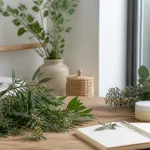 Saro huile essentielle : flacon ambr\u00e9 sur table en bois