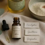 Huiles essentielles arthrose : eucalyptus, gaulthérie et gingembre en flacons